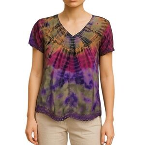 Advance Apparels Medium Vibrant Tie Dye Blouse Crochet Artsy Colorful